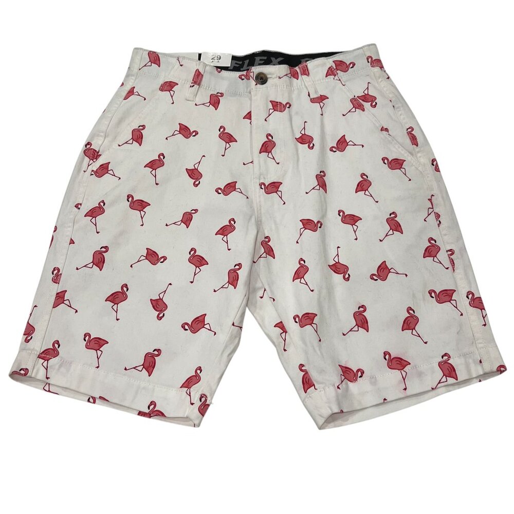 Plugg Stretch Flat Front Flamingo Shorts, NWT, White Pink, 29